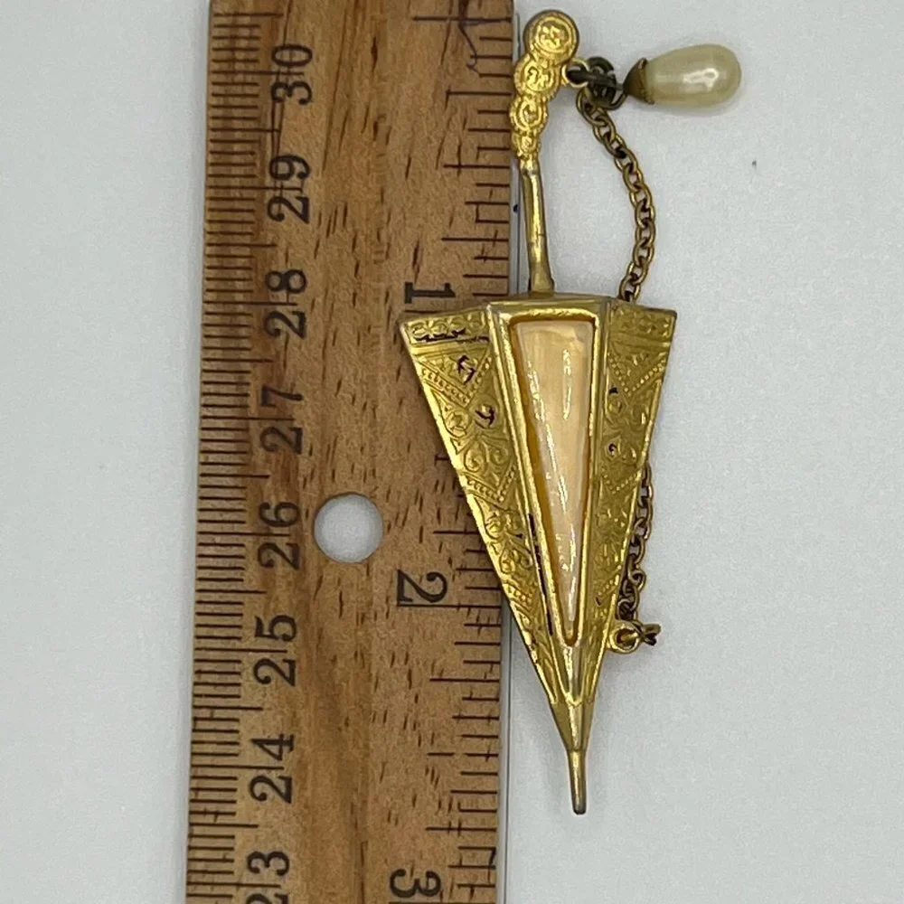 Damascene Vintage Umbrella Style Mother of Pearl Gold Brooch / Pin